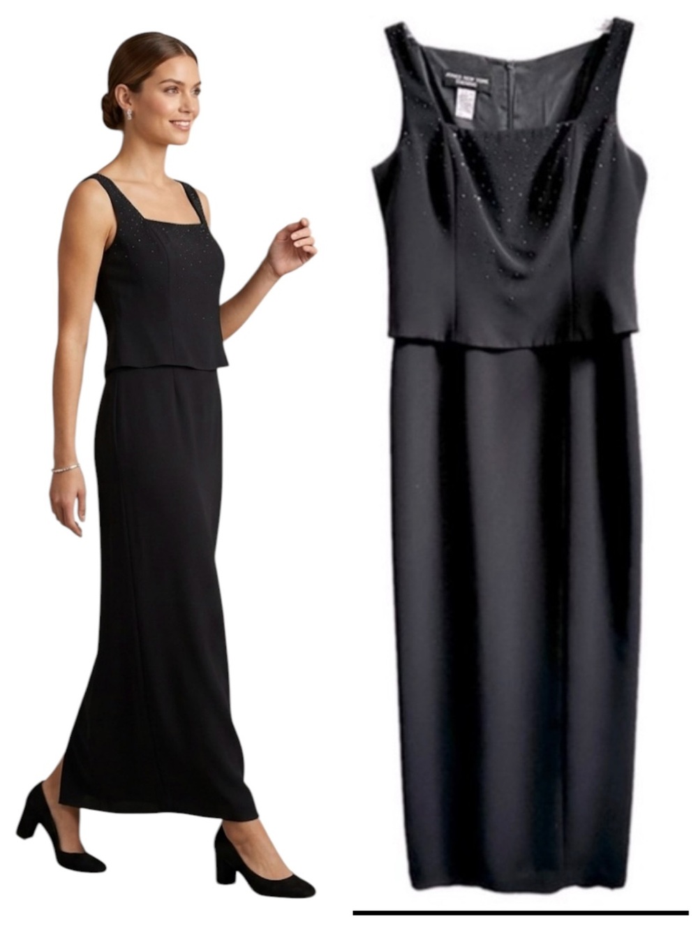 Jones New York Evening Black Rhinestone Mock Two Piece Maxi Dress Size 4 Small